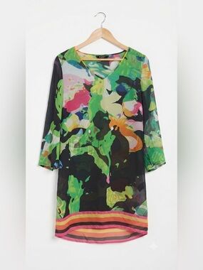 Planet 100% Silk Abstract Floral Green Multi V-Neck Dress Tunic Size UK 8 / CAN